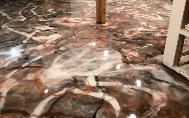 Polished floor with swirling marble pattern.