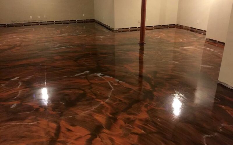 Polished floor with brown marble-like design.